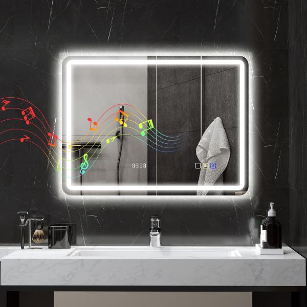 Espelho de Casa de Banho com Luz LED 80x60 cm Bluetooth 3 Cores de Luz Relógio Digital Função Antiembaciamento Memória Prata