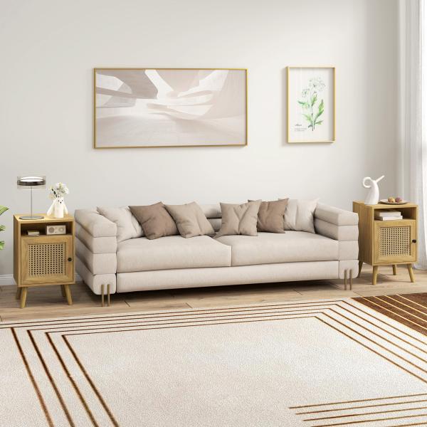 Conjunto de 2 Mesas de Cabeceira com Portas de Vime e Prateleira Aberta Mesa Auxiliar 39x35x60 cm Madeira
