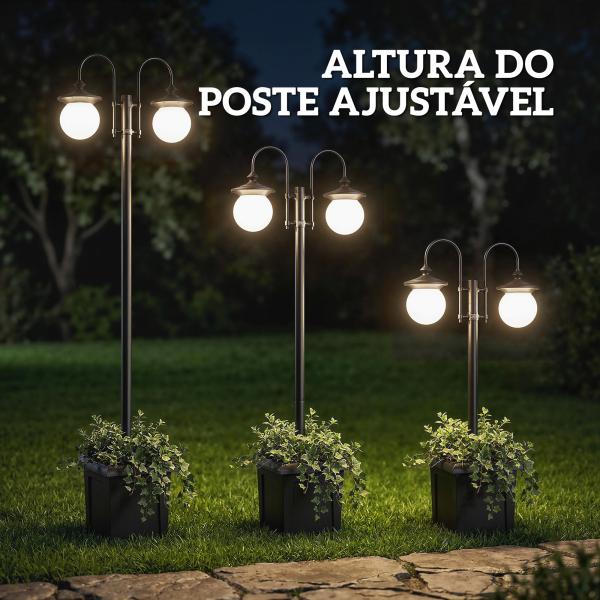 Candeeiro Solar de Exterior com Vaso 2 Cabeçais Impermeável IP44 Ligação Automática Altura Ajustável