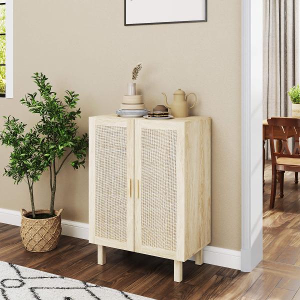 Aparador de Sala de Estar com 2 Portas de Rede e Prateleiras Ajustáveis Armário Estilo Cannage Anti - Tombo para Cozinha 73x41x102 cm Madeira