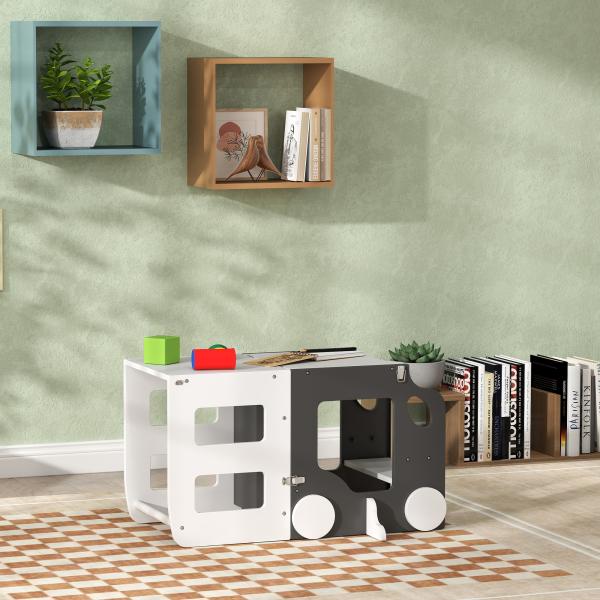 Torre de Aprendizagem 4 em 1 para Crianças em Forma de Carro Convertível em Mesa e Cadeira 58x46x92 cm Branco e Cinza