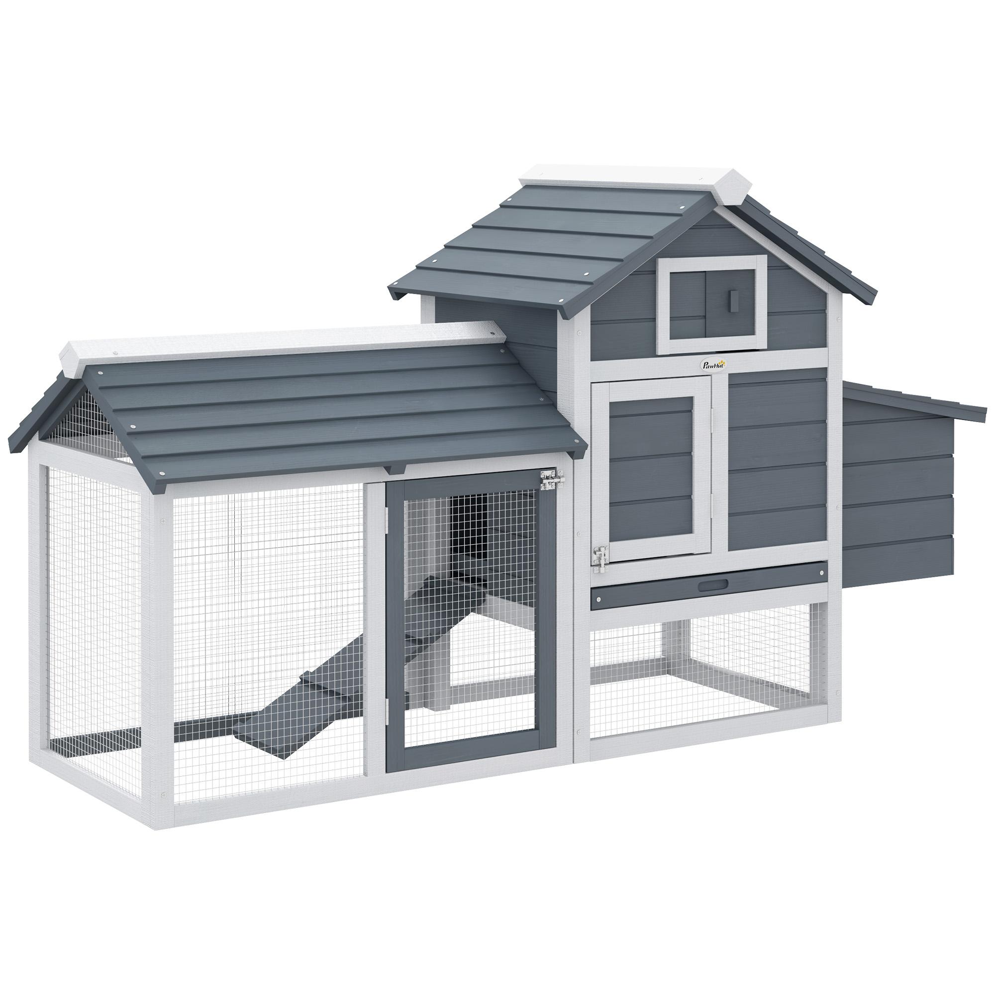 Galinheiro de Madeira para Exterior Gaiola para 2 - 3 Galinhas com Cercado de Arame Teto Abatível Caixa Ninho Bandeja Removível e Rampa 150,5x54x87cm Cinza e Branco