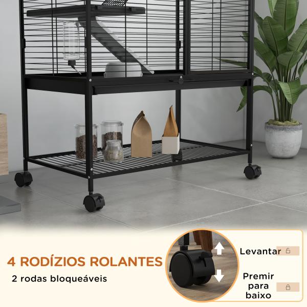 Gaiola para Animais Pequenos de 4 Níveis com Rodas Rampa Comedouro Bebedouro e Bandeja Removível 78x45,5x136 cm Preto