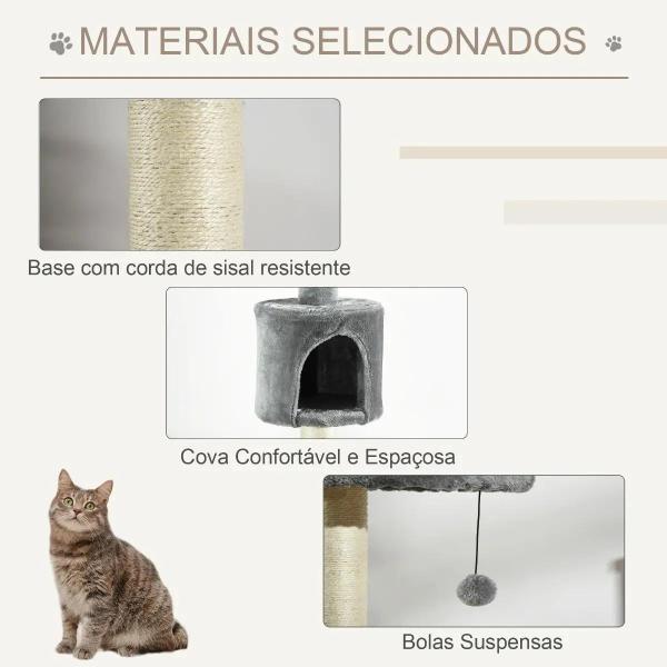 Árvore Arranhador para Gatos para Fixar ao Teto Altura Ajustável 229 - 235cm 260 - 266cm com Plataformas Caverna Postes de Sisal Bolas Penduradas 40x40x217 cm Cinza Claro