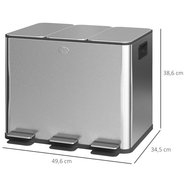 Balde de Lixo de Cozinha com 3 Compartimentos 3x10L com Pedais Tampas com Fechamento Suave e Cubo Amovível 49,6x34,5x38,6 cm Prata