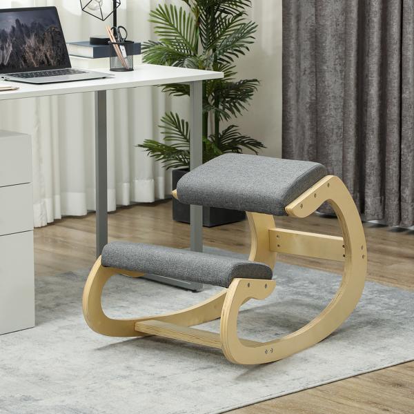 Cadeira Ergonómica de Joelhos com Almofadas Acolchoadas Estrutura de Madeira para Melhor Postura Escritório 55x85x55 cm Cinzento