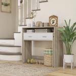 Mesa Consola de Entrada de 2 Níveis com Trilhos Deslizantes 2 Gavetas 2 Rodas Móvel de Entrada 95x35x87 cm Madeira e Branco