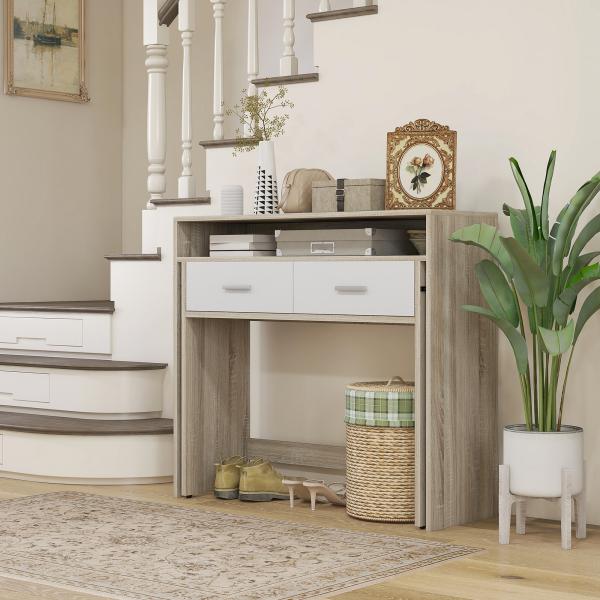 Mesa Consola de Entrada de 2 Níveis com Trilhos Deslizantes 2 Gavetas 2 Rodas Móvel de Entrada 95x35x87 cm Madeira e Branco