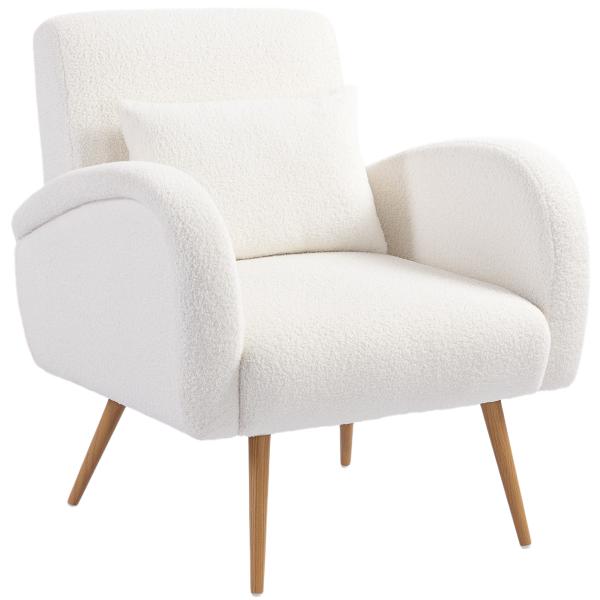 Poltrona em Tecido Teddy com Almofada Lombar Amovível e Pés Metálicos Efeito Madeira para Quarto, Creme