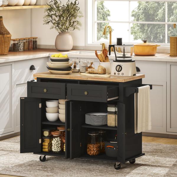 Ilha de Cozinha com Rodas 2 Gavetas 4 Portas Suporte para Temperos e Barra Lateral 111x44,5x82,5 cm Preto e Madeira