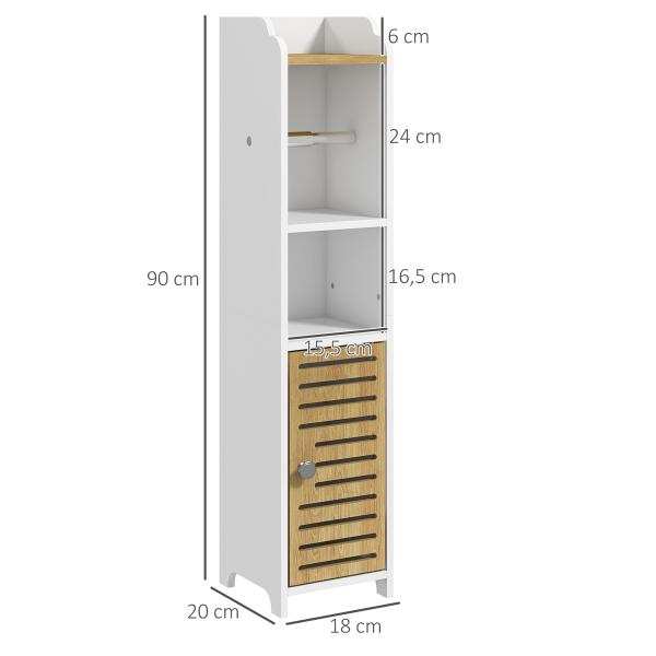 Armário Casa de Banho Moderno com Prateleiras e Suporte para Papel Higiénico 18x20x90 cm Branco e Madeira