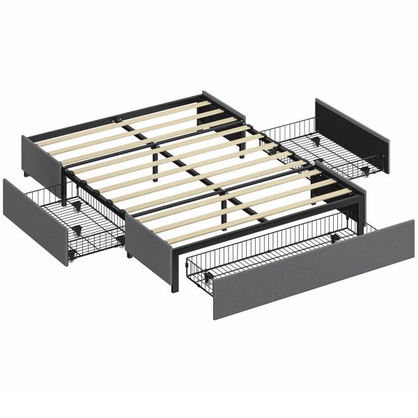 Cama de Casal 140x190 cm Estrado com 3 Gavetas e Estrutura Metálica Suporta 363 kg Cinzento