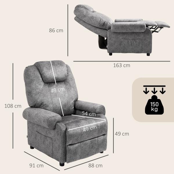 Poltrona Relax Reclinável com Apoio para os Pés Retrátil Encosto Alto Bolso Lateral Acolchoado Grosso 88x91x108 cm Cinzento