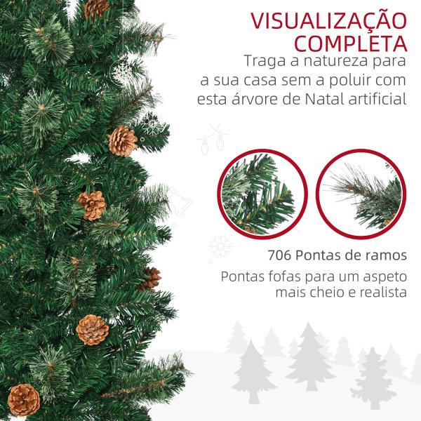Árvore de Natal Artificial 225 cm Árvore de Natal com 706 Ramos Árvore de Natal Slim com 56 Pinhas Base Dobrável Ø58x225 cm Verde
