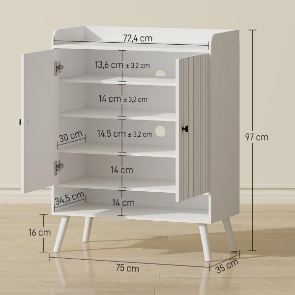 Sapateira de 2 Portas em Ripas Sapateira para Entrada com Prateleiras Ajustáveis Compartimento Aberto para 15 Pares de Sapatos 75x35x97 cm Branco