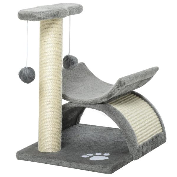 Árvore Arranhador para Gatos Pequena com Poste Giratório Bolas Suspensas Plataforma Curva e Esconderijo 40x30x43 cm Cinza