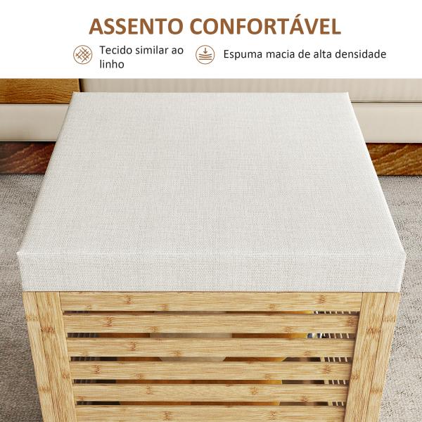 Banco com Armazenamento 57,7L Banco com Arrumação Estofado em Linho Sintético com Estrutura em Bambu 40x40x47 cm Cinza e Madeira