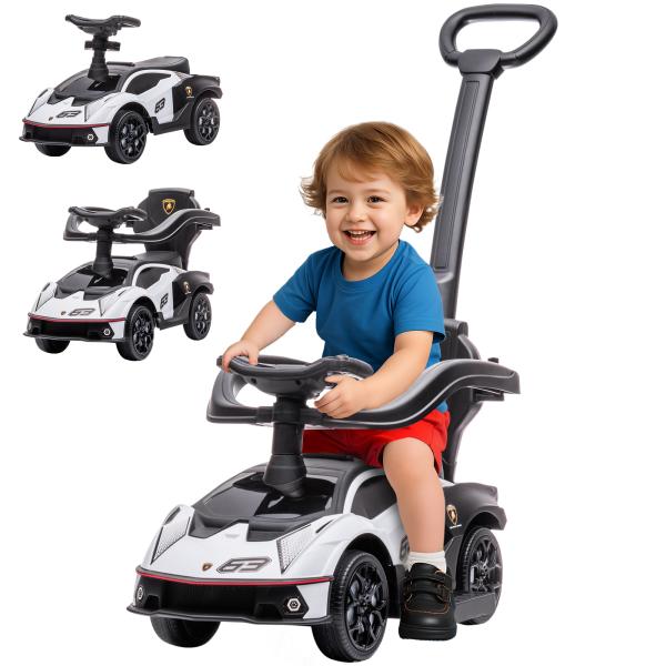 2 em 1 Carro Andador para Crianças 12 - 36 Meses Lamborghini Essenza SCV2 Carro Andador com Buzina Guiador e Grade de Segurança Removível 86,5x40x89,5cm Branco e Preto