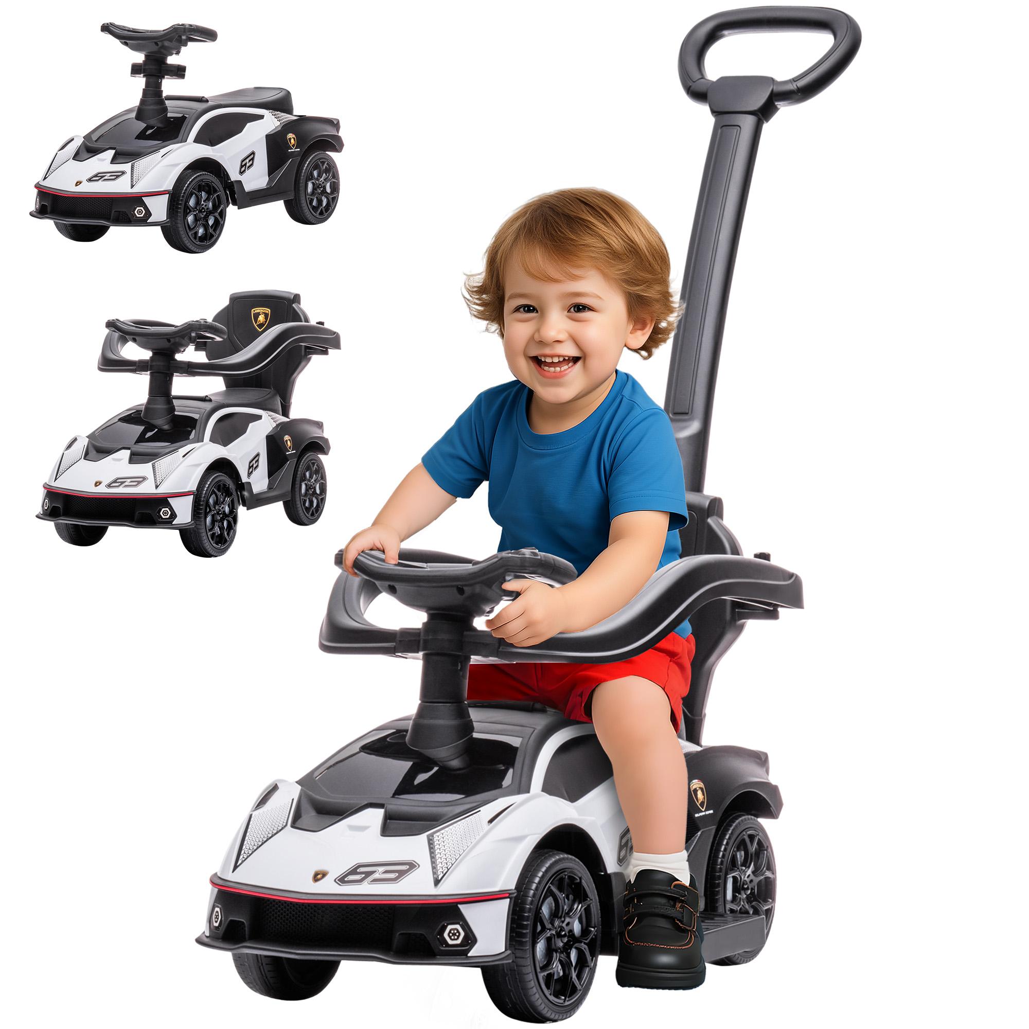 2 em 1 Carro Andador para Crianças 12 - 36 Meses Lamborghini Essenza SCV2 Carro Andador com Buzina Guiador e Grade de Segurança Removível 86,5x40x89,5cm Branco e Preto