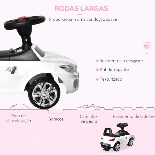 Carro Andador para Crianças de 18 - 36 Meses com Faróis Música Buzina Volante Compartimento de Armazenamento e Alça para Empurrar 63,5x28x36 Branco