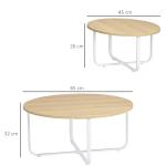 Conjunto de 2 Mesas de Centro Ø65x32cm e Ø45x26cm Mesas Redondas com Bancada de Madeira e Pés de Metal Madeira e Branco