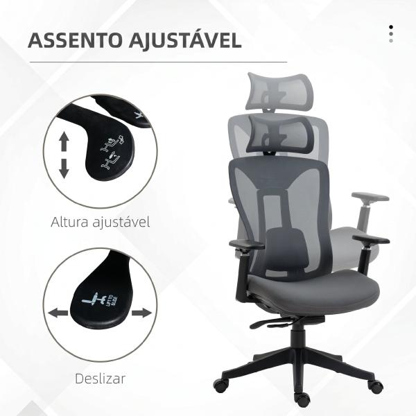 Cadeira de Escritório em Malha com Apoio de Cabeça Ajustável, Apoio Lombar e Apoios de Braços 3D, 70x66x128 cm, Cinzento