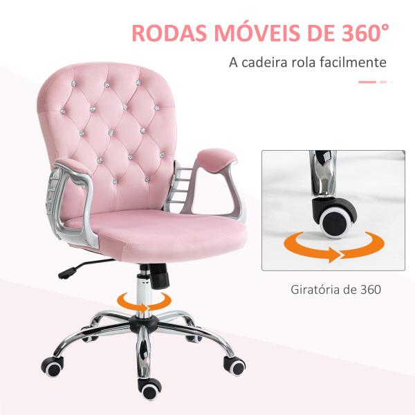 Cadeira de Escritório Estofada em Veludo Cadeira Giratória com Altura Ajustável e Decorações de Cristal 59,5x60,5x103 cm Rosa