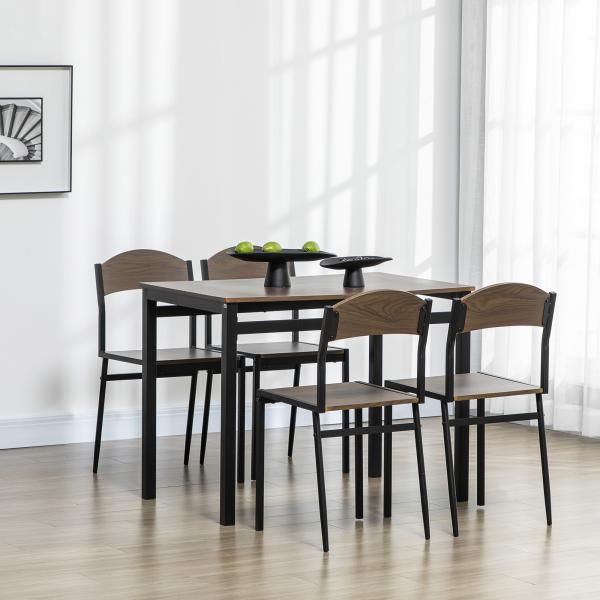 Conjunto de Mesa e Cadeiras de Refeição Mesa de Cozinha Retangular com 4 Cadeiras Estilo Moderno Castanho Escuro e Preto
