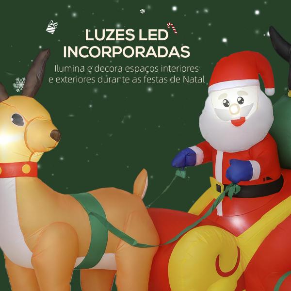 Pai Natal Insuflável com Trenó Pinguins e Renas Insufláveis de Natal com Luzes LED Decoração de Natal 180x120x155 cm Multicor
