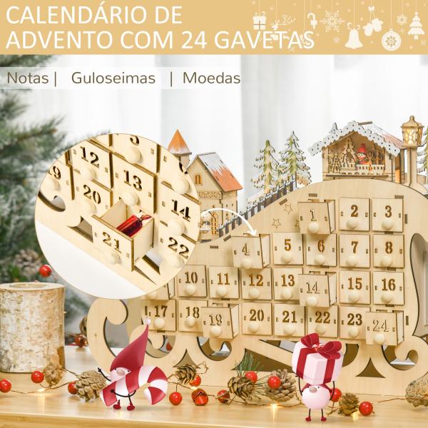 Calendário de Advento de Natal com Luzes LED e 24 Gavetas Decoração de Natal Modelo de Trenó 45x10x31cm Madeira Natural