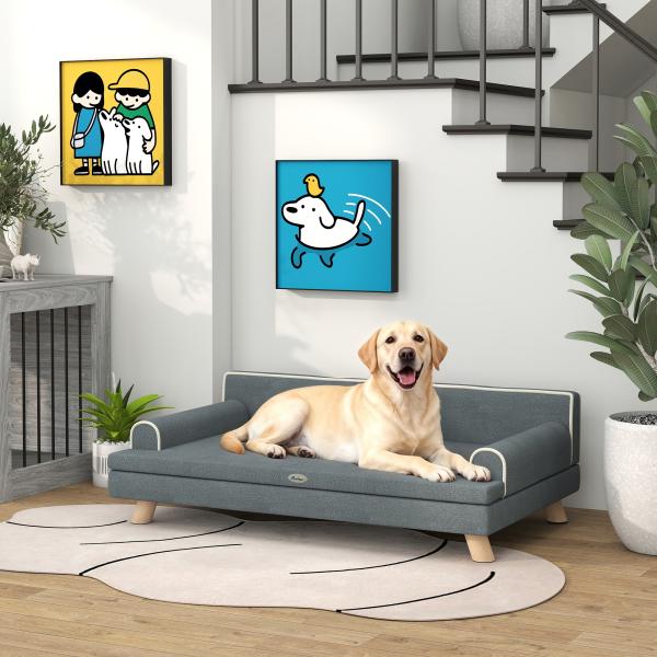Cama Elevada para Cães Grandes e Médios 100x62x32 cm Revestimento em Chenille com Almofada Lavável Cinza Escuro