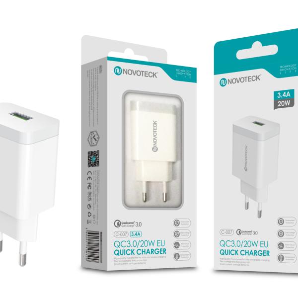 Carregador QC 3.0 20W 3.4A 1 USB NOVOTECK C - 007