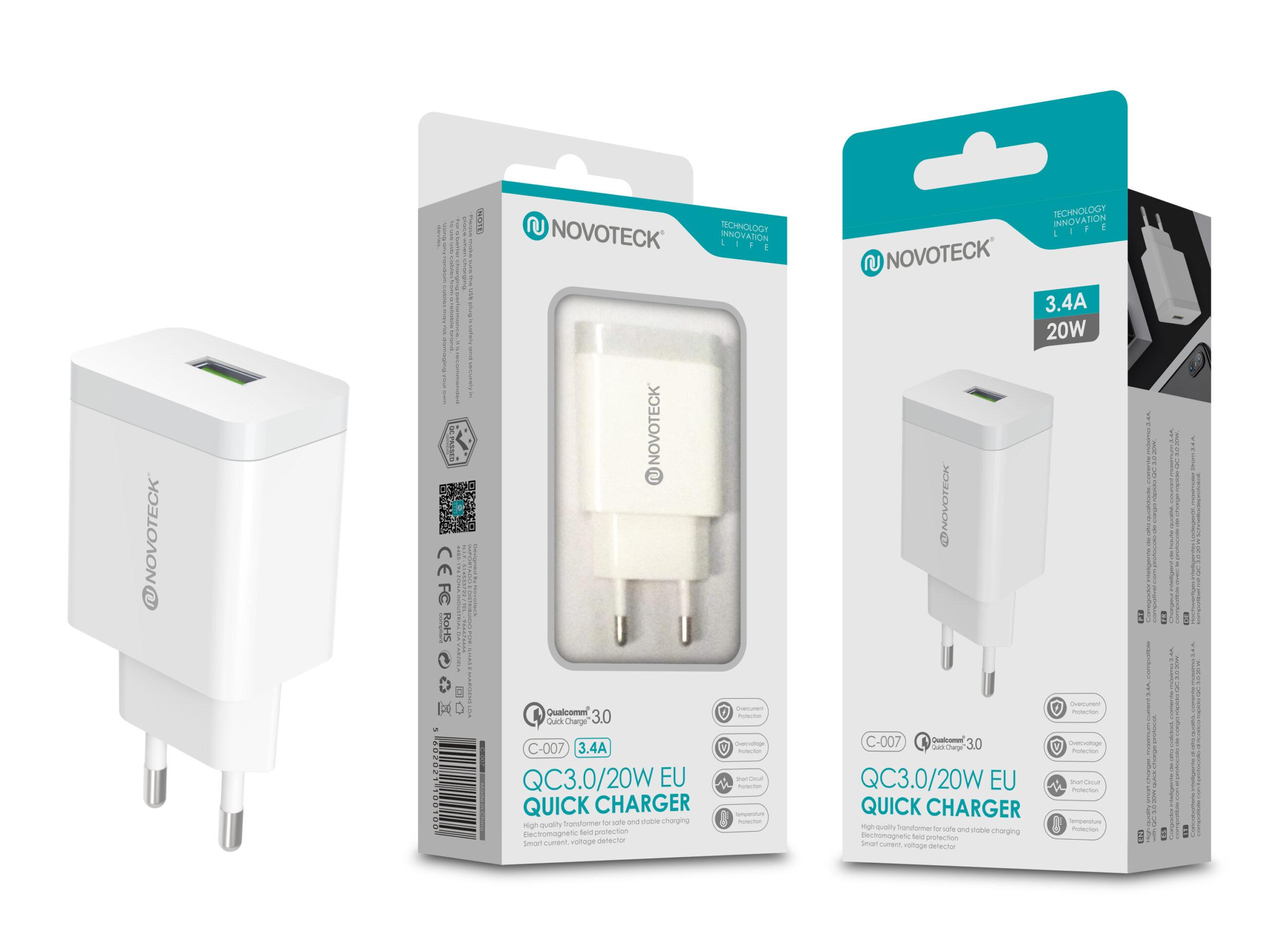 Carregador QC 3.0 20W 3.4A 1 USB NOVOTECK C - 007