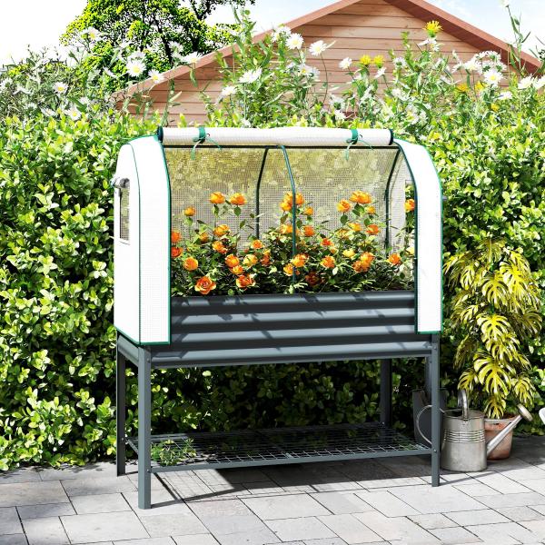Mesa de Cultivo com Cobertura de Estufa e Prateleira Inferior 120x55x140 cm Cinzento Escuro