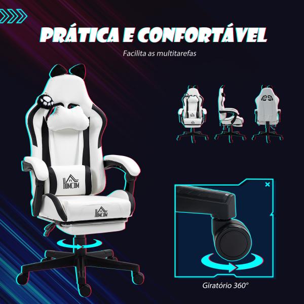 Cadeira Gaming com Orelhas Cadeira Gamer Reclinável com Altura Ajustável e Suporte Lombar 65x62x116 - 124 cm Branco