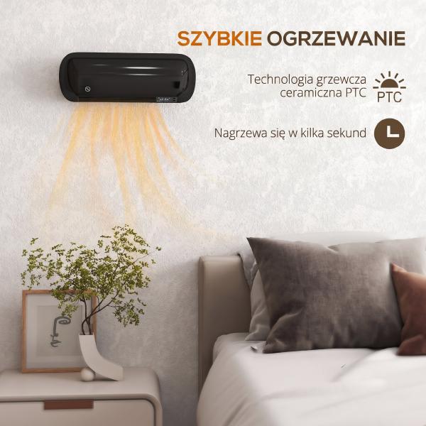 Aquecedor Elétrico de Parede 2000 W com 3 Modos, Ecrã LED, Termóstato, Temporizador e Oscilação, Preto