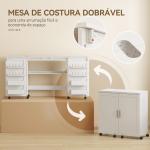 Mesa de Costura Dobrável com 6 Rodas Móvel para Máquina de Costura com 20 Pinos para Fios 4 Compartimentos 160x40x81,5 cm Branco