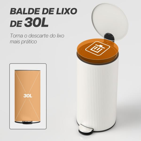 Balde do Lixo para Cozinha com Pedal 30L Cubo de Lixo Metálico com Tampa de Fecho Suave e Balde Removível 36x30x60,5 cm Creme
