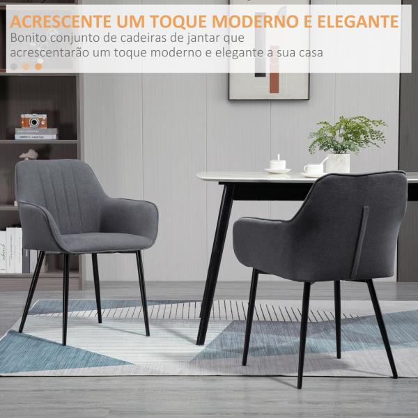 Conjunto de 2 Cadeiras de Sala de Jantar Estofadas em Linho com Encosto e Pés de Metal 59,5x56,5x81 cm Cinza
