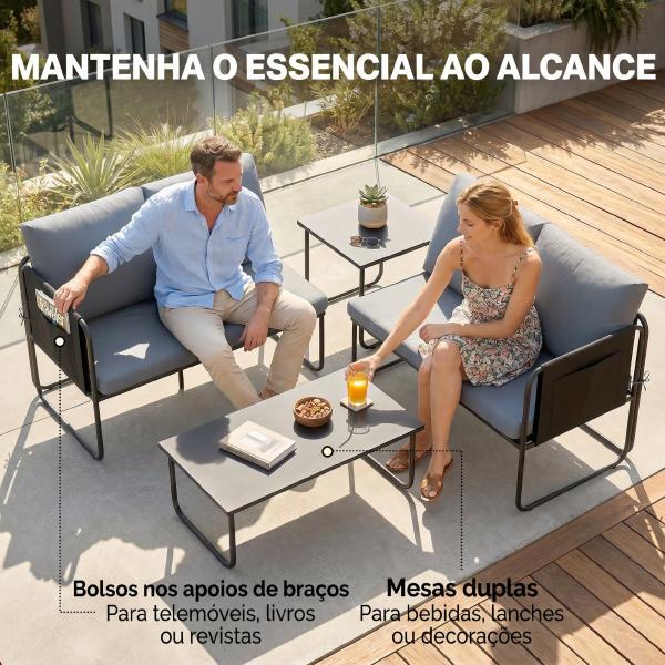 Conjunto de Jardim de 4 Peças Móveis de Exterior com 2 Sofás de 2 Lugares 2 Mesas de Vidro Almofadas Capas Removíveis Cinzento