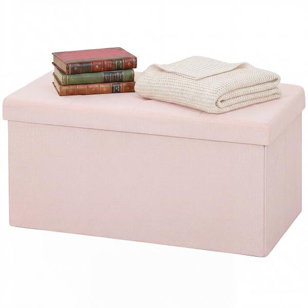 Puff de Arrumação Banco Dobrável 84 L 76x38x38 cm Estofado em Linho Sintético, Baú de Arrumação Rosa