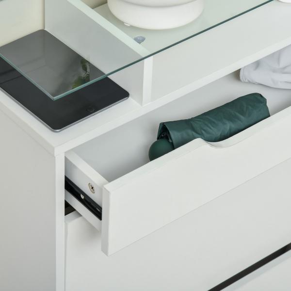 Sapateira Entrada Estreito Móvel para 16 pares de Sapatos com 2 Portas Gaveta Prateleira Aberta e Bancada de Vidro 89x23x96 cm Branco