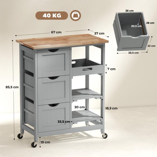 Carrinho de Cozinha com Rodas Carrinho de Serviço com 3 Gavetas 2 Prateleiras Abertas e Bandeja 67x37x85,5 cm Cinzento