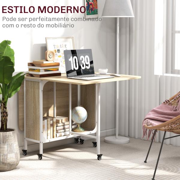Mesa de Cozinha Dobrável Mesa de Refeição Dobrável com Rodas Laterais Abatíveis e Prateleira 130x80x74 cm Madeira e Branco