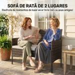 Sofá de Exterior em Rattan de 2 Lugares Sofá de Jardim com Almofada Lavável Estrutura de Aço para Varanda Caqui