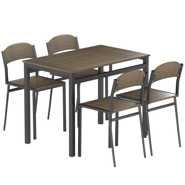 Conjunto de Mesa e Cadeiras de Refeição Mesa de Cozinha Retangular com 4 Cadeiras Estilo Moderno Castanho Escuro e Preto