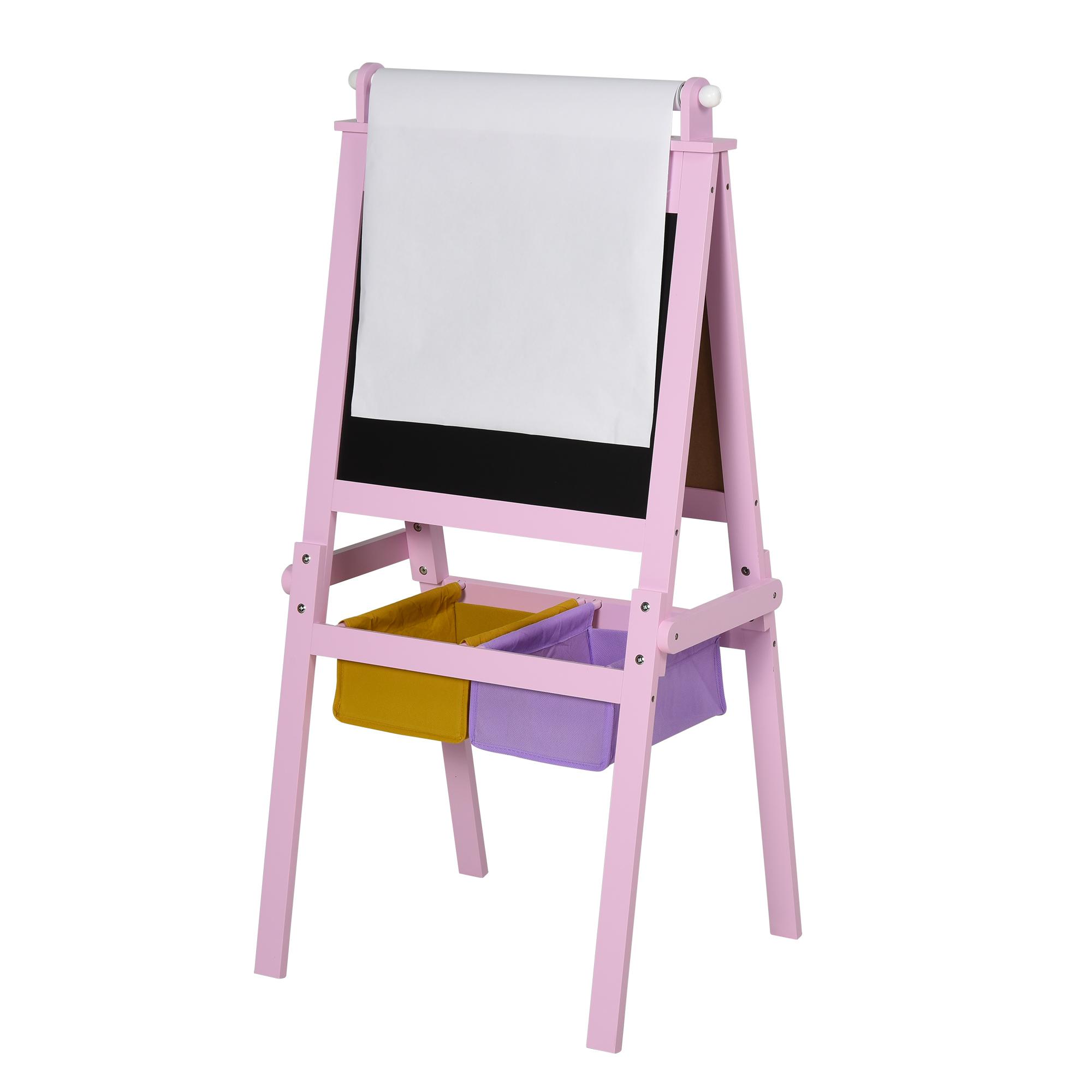 Cavalete Infantil 3 em 1 Cavalete de Arte para Crianças com Quadro Rolo de Papel e 2 Cestos 58,5x50,5x118 cm Rosa