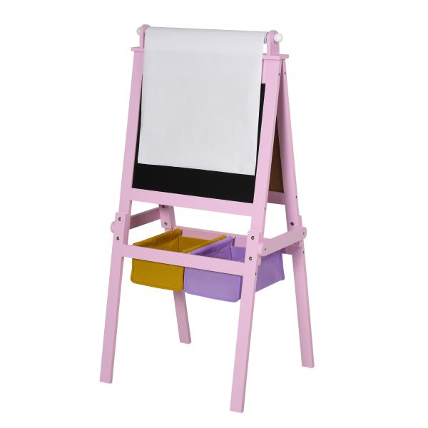 Cavalete Infantil 3 em 1 Cavalete de Arte para Crianças com Quadro Rolo de Papel e 2 Cestos 58,5x50,5x118 cm Rosa