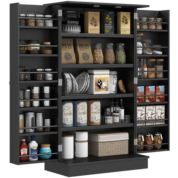 Armário de Cozinha com 2 Portas e 16 Prateleiras Armário de Cozinha Moderno com Prateleiras Ajustáveis 60x30x104 cm Preto