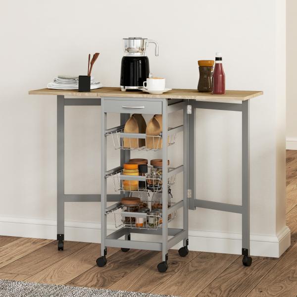 Carrinho Auxiliar Dobrável Carrinho de Cozinha com 6 Rodas 1 Gaveta e 3 Cestos de Metal 97,2x37x77,5 cm Cinza e Carvalho